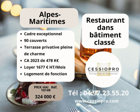 ALPES-MARITIMES   MAGNIFIQUE RESTAURANT DANS UN B&Acirc;TIMENT CLASS&Eacute;   TERRASSE PRIVATIVE PLEINE DE CHARME 324000 06560 Valbonne