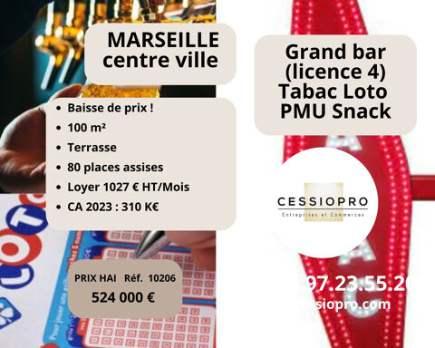 Grand Bar (Licence IV) Tabac Loto PMU + Snack, et Terrasses, sur Marseille. Baisse de Prix ! 524000 13015 Marseille