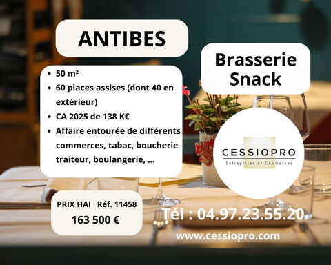 ANTIBES, quartier connu et r&eacute;put&eacute;, brasserie   snack, terrasse, proche d'un lyc&eacute;e, bonne client&egrave;le. 163500 06600 Antibes