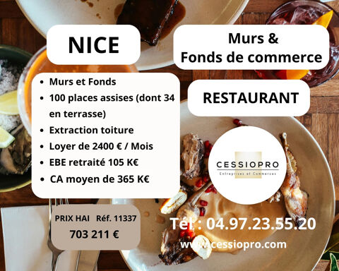 &Agrave; vendre : Murs et Fonds de commerce Restaurant, Vieux Nice- 6,1 % rentabilit&eacute;   365 k€ de CA moyen 703211 06300 Nice