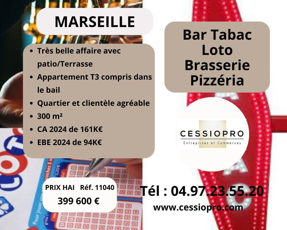   Très beau Bar Tabac Loto Brasserie Pizzeria avec Patio/Terrasse + Appartement, sur Marseille - Affaire à dével 
