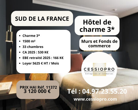 H&ocirc;tel de charme 3  plus de 30 chambres   Sud de la France   Cession globale murs et fonds 3120000 13990 Fontvieille