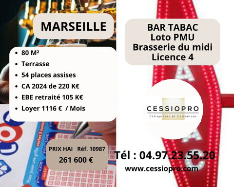 Affaire &agrave; saisir !!! A vendre Bar Tabac Loto PMU, Brasserie du midi, Licence 4, avec Terrasse, sur Marseille 261600 13002 Marseille