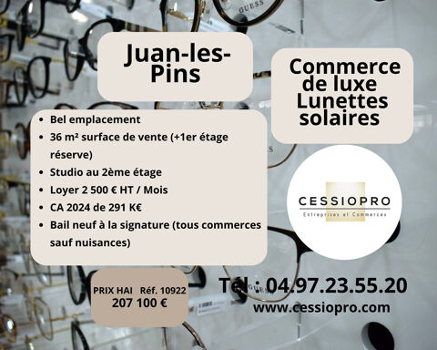 A vendre commerce de luxe, lunettes solaires et article de Paris, bel emplacement, studio &agrave; l'&eacute;tage &agrave; Antibes 207100 06160 Juan les pins