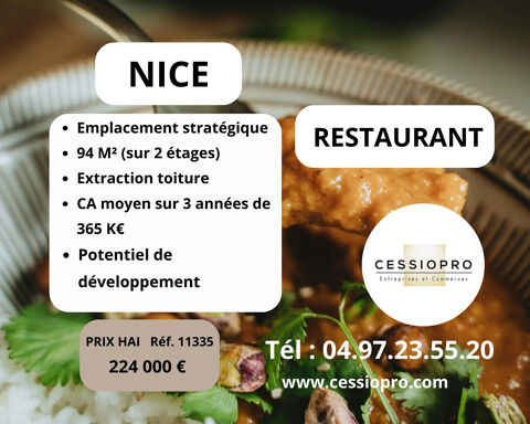 &Agrave; vendre : Fonds de commerce Restaurant, avec solide r&eacute;putation au Vieux Nice   365 k€ de CA moyen sur 3 ans 224000 06300 Nice