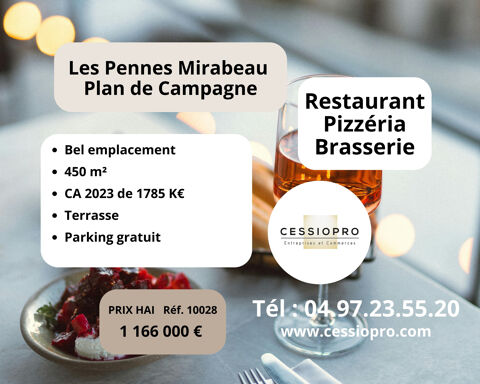 Restaurant Pizzeria Brasserie au Pennes Mirabeau : Un espace spacieux de 450 m2 avec terrasse &agrave; 1 166 000 euro 1166000 13170 Les pennes mirabeau