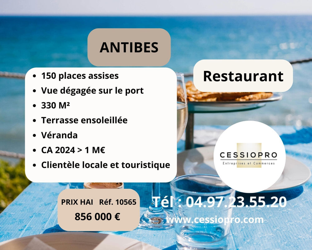   Antibes, Restaurant grande capacité d'accueil, terrasse, CA 1M€, parking à proximité, vu dégagée sur le port. Antibes