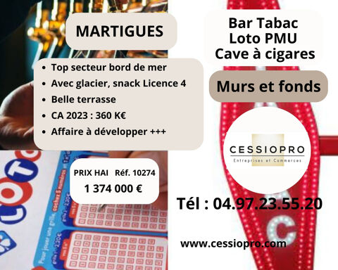 Bar Tabac Loto PMU Cave à Cigares Glacier (murs et fonds) avec belle Terrasse, secteur touristique, bord de me 1344000 13500 Martigues