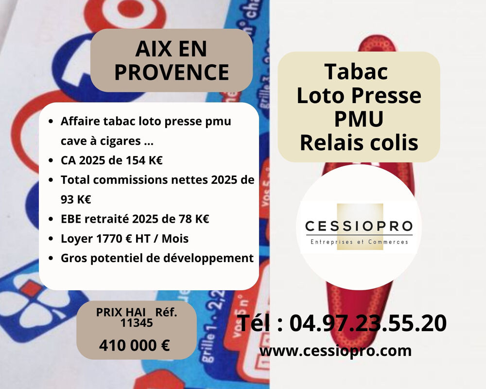   A vendre Affaire de TABAC, LOTO, PRESSE, PMU, BIMBELOTERIES, CAVE A CIGARES, RELAIS COLIS, VAE… AIX EN PROVENC Aix en provence