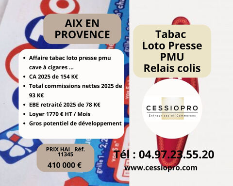 A vendre Affaire de TABAC, LOTO, PRESSE, PMU, BIMBELOTERIES, CAVE A CIGARES, RELAIS COLIS, VAE… AIX EN PROVENC 410000 13100 Aix en provence