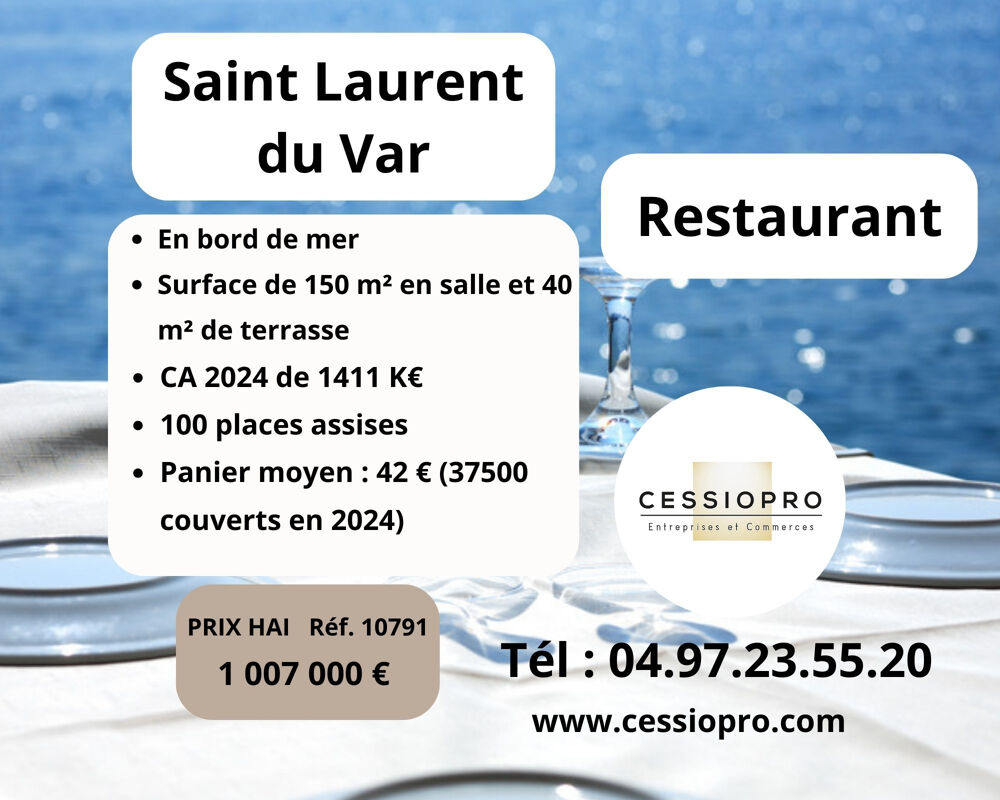   Restaurant emblématique   1M400 € CA- Bord de mer- Saint-Laurent-du-Var 