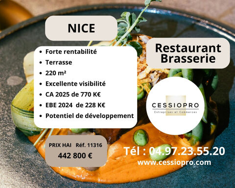 Restaurant/ Brasserie &agrave; vendre Nice centre   220 m2   Forte rentabilit&eacute;   Terrasse   Potentiel d&eacute;veloppement 442800 06000 Nice
