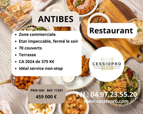 Restaurant, Antibes, zone commerciale, &eacute;tat impeccable, id&eacute;al service non-stop, ferm&eacute; le soir. 459000 06600 Antibes