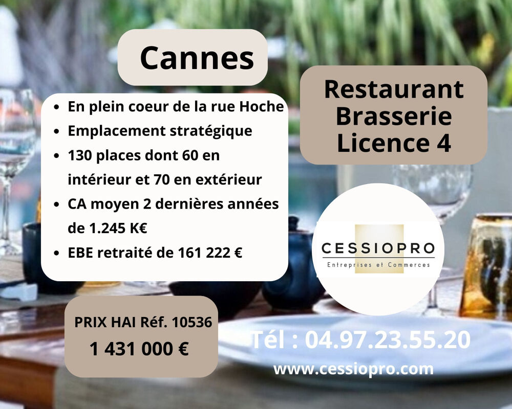   Restaurant Brasserie licence 4  avec  130 places en plein cœur de la rue hoche à Cannes 