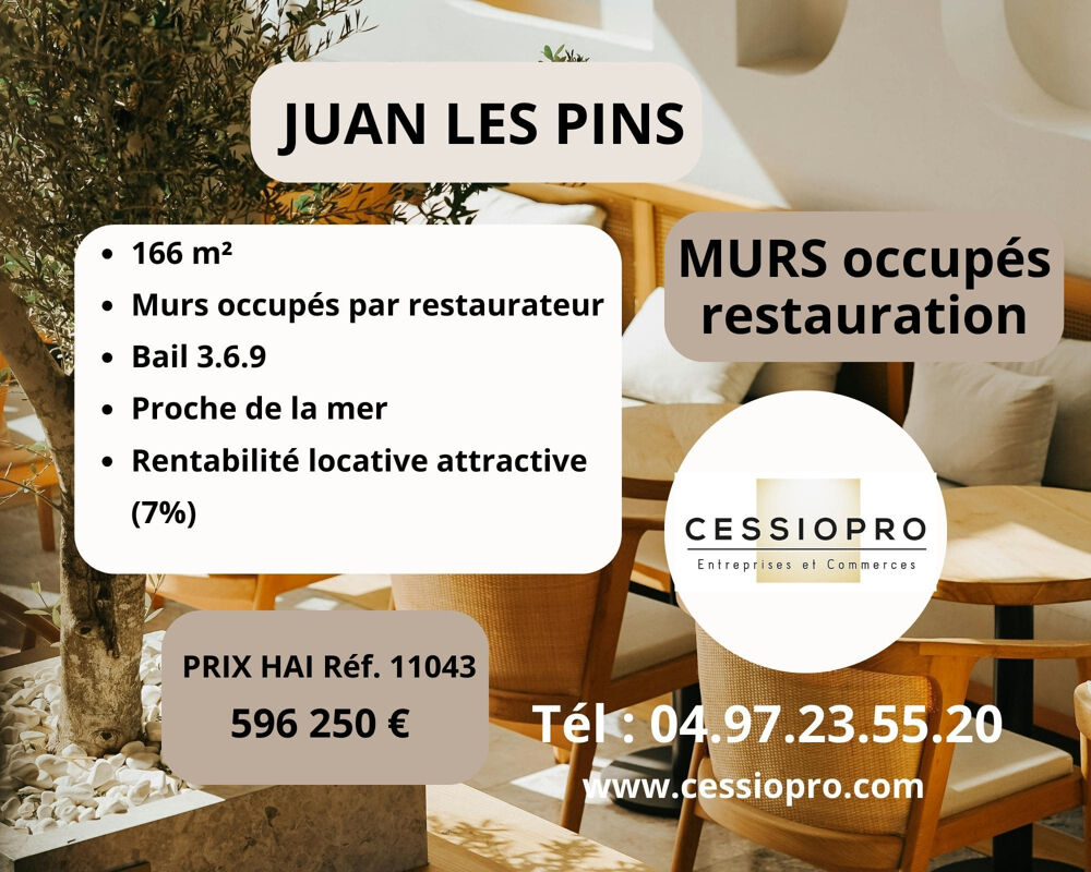   Murs commerciaux occupés, 166 m2, bail 3.6.9, restauration, proche de la mer, Juan les Pins 