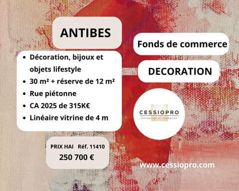 Vieil Antibes, &agrave; vendre fonds de commerce de d&eacute;coration, bijoux et objets lifestyle, rue pi&eacute;tonne, bon CA. 250700 06600 Antibes