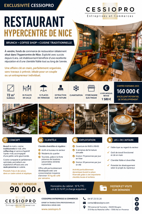 Restaurant Brunch & Midi   Fonds de commerce cl&eacute; en main   Hypercentre de Nice 99000 06000 Nice