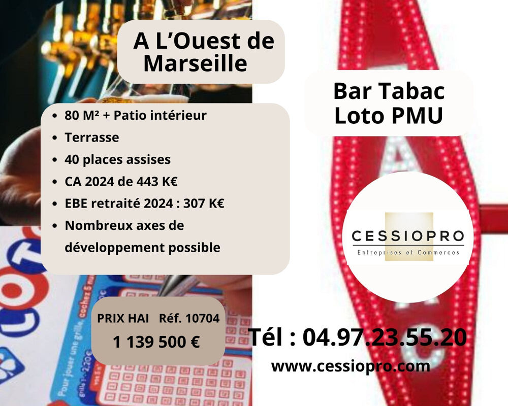   Très beau Bar Tabac Loto PMU avec patio intérieur, dans petite ville des BDR à l'ouest de Marseille 