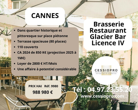 A CANNES, BRASSERIE-RESTAURANT-GLACIER-BAR AVEC LICENCE IV, TERRASSE 80 PLACES 988980 06400 Cannes