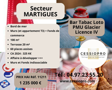 Tr&egrave;s beau Bar Tabac Loto PMU Cave &agrave; Cigares Glacier (murs et fonds) avec belle Terrasse, secteur touristique, 1235000 13500 Martigues
