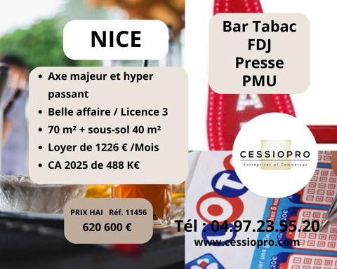 Bar (licence 3)   tabac   FDJ   PMU   Presse   CA &agrave; 488K€ - Axe majeur de NICE 620600 06100 Nice