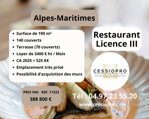 ALPES MARITIMES : RESTAURANT AVEC LICENCE III - TERRASSE PRIVEE SUR JARDIN   PARKING 388800 83440 Montauroux