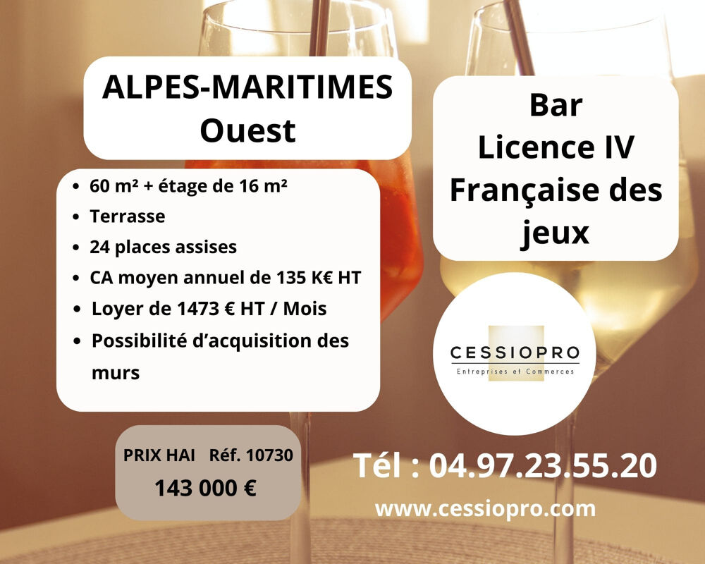  FONDS DE COMMERCE BAR LICENCE IV AVEC FRANÇAISE DES JEUX Secteur dynamique Alpes-Maritimes Ouest 