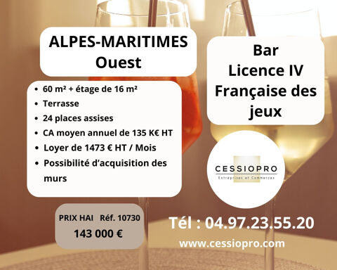 FONDS DE COMMERCE BAR LICENCE IV AVEC FRAN&Ccedil;AISE DES JEUX Secteur dynamique Alpes-Maritimes Ouest 143000 06130 Grasse