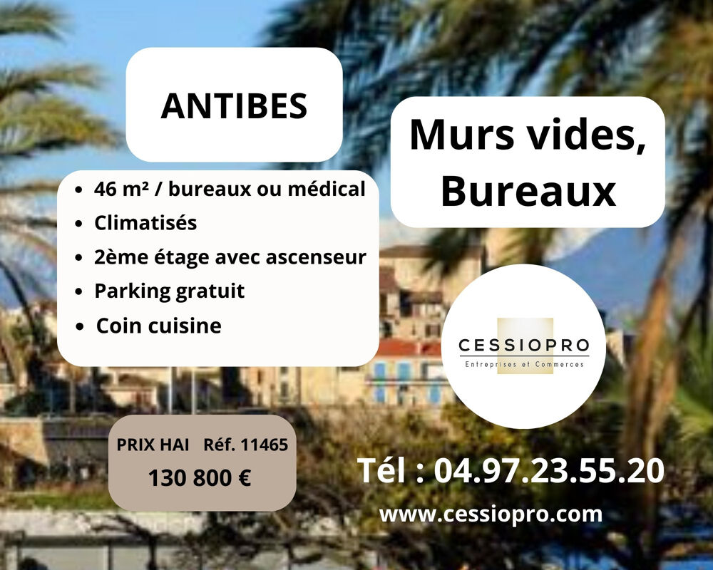   Antibes, murs vides 46m2, bureaux ou médical, climatisés, 2éme étage, ascenseur et parking gratuit. 
