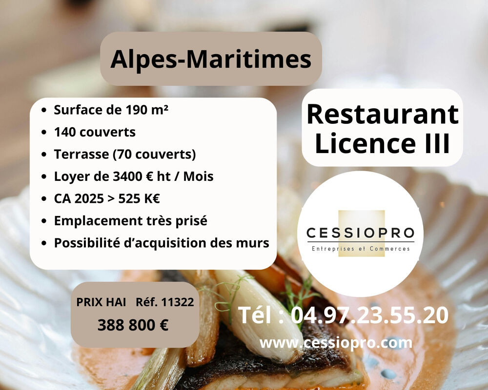   ALPES MARITIMES : RESTAURANT AVEC LICENCE III - TERRASSE PRIVEE SUR JARDIN   PARKING 