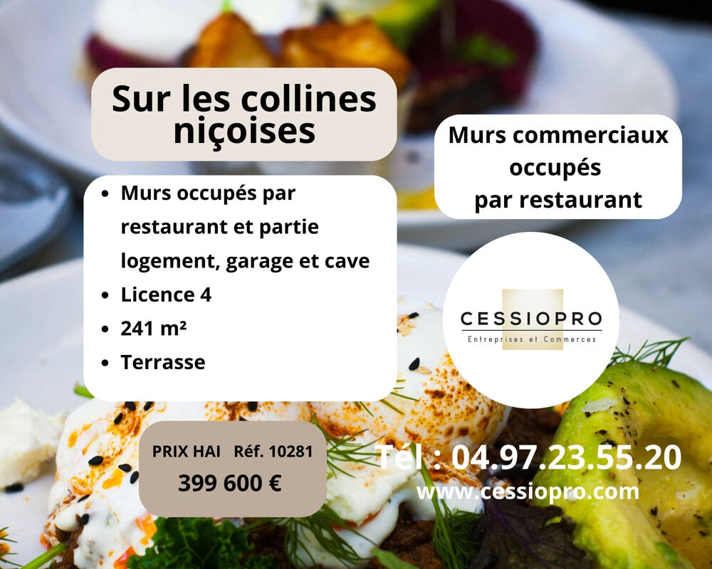   241 M2 DE MURS COMMERCIAUX OCCUPES PAR UN RESTAURANT AVEC LOGEMENT SUR LES  COLLINES NICOISES ET UNE LICENCE 4 