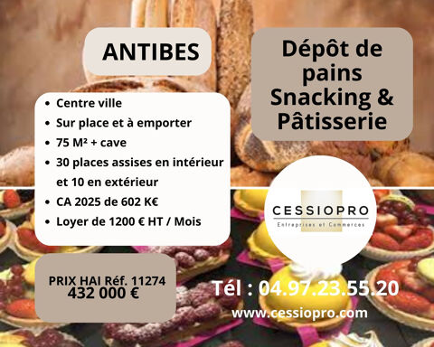 Antibes, centre-ville, bon emplacement, d&eacute;p&ocirc;t de pain, snacking et p&acirc;tisserie, sur place et &agrave; emporter, terras 432000 06600 Antibes