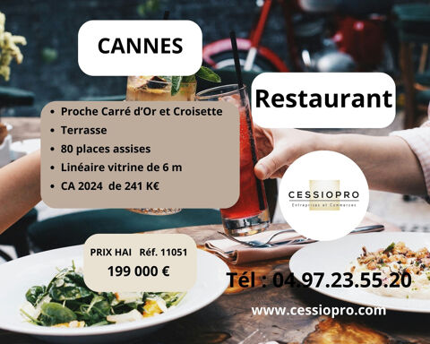 A VENDRE  RESTAURANT A CANNES, PROCHE CARRE D'OR ET CROISETTE AVEC TERRASSE DE 20 PLACES 199000 06400 Cannes