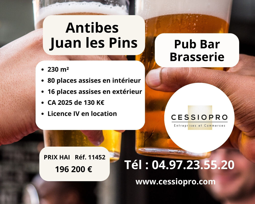   Antibes-juan les pins, Pub-bar-brasserie, 230m2, bail neuf tout commerce, terrasse. 
