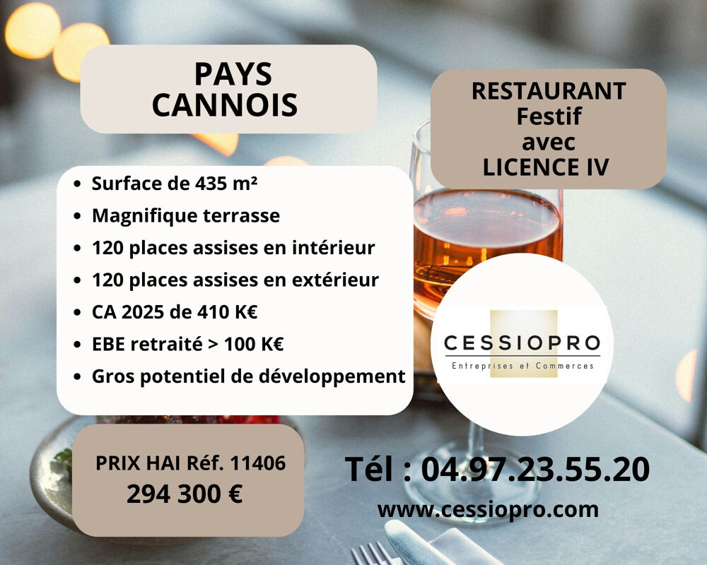   PAYS CANNOIS - RESTAURANT FESTIF AVEC LICENCE IV - TERRASSE DE PLUS DE 100 PLACES   PARKINGS 