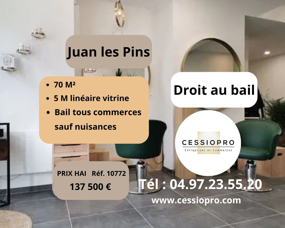   Droit au bail, 70 m2, 5 m linéaire vitrine, bail tous commerces sauf nuisances, Juan-les-Pins, emplacement No1 