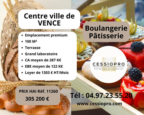 CENTRE VILLE DE VENCE   A vendre Boulangerie p&acirc;tisserie 100M2 + terrasse en plein de c�ur de Vence Emplacement 305200 06140 Vence