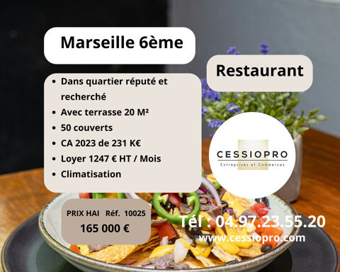 RESTAURANT AVEC TERRASSE CA +200K DANS UN QUARTIER REPUTE DE MARSEILLE 6IEME 165000 13006 Marseille