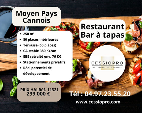 Restaurant, bar &agrave; tapas, ambiance festive-soft   Terrasse et parking privatifs   Moyen pays Cannois 299000 06400 Cannes