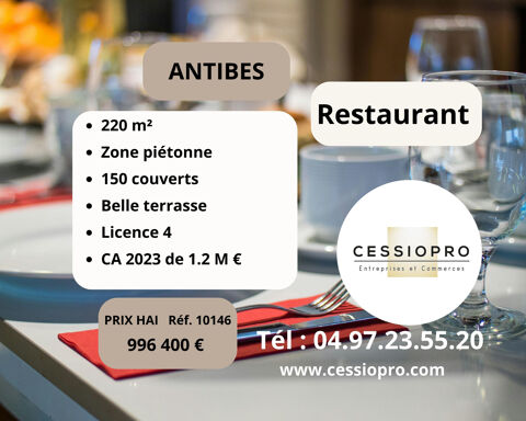 Antibes, zone pi&eacute;tonne, restaurant r&eacute;put&eacute;, belle capacit&eacute;, grande terrasse et r&eacute;serve. 996400 06600 Antibes