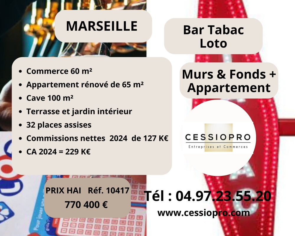   Bar Tabac Loto, avec appartement + Murs, sur Marseille 