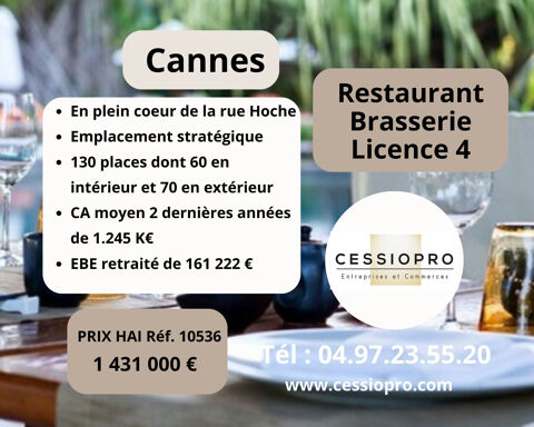 Restaurant Brasserie licence 4  avec  130 places en plein cœur de la rue hoche &agrave; Cannes 1431000 06400 Cannes
