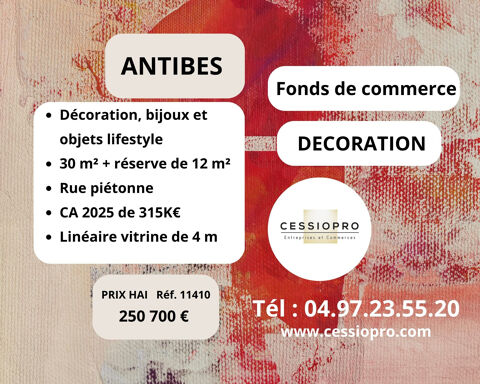Vieil Antibes, &agrave; vendre fonds de commerce de d&eacute;coration, bijoux et objets lifestyle, rue pi&eacute;tonne, bon CA. 250700 06600 Antibes