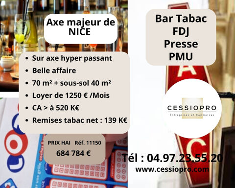 Bar (licence 3)   tabac   FDJ   PMU   Presse   CA sup&eacute;rieur &agrave; 520K� - Axe majeur de NICE 684784 06100 Nice