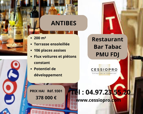 Restaurant, bar, tabac, PMU, FDJ, Antibes, terrasses ensoleill&eacute;es, &agrave; d&eacute;velopper. 378000 06600 Antibes