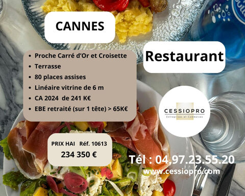 OPPORTUNITE UNIQUE : RESTAURANT A CANNES, PROCHE CARRE D'OR ET CROISETTE AVEC TERRASSE DE 20 PLACES 234350 06400 Cannes
