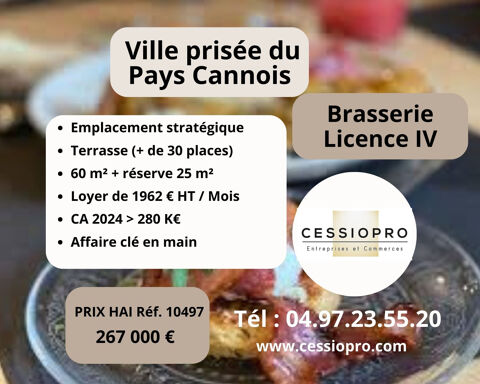 BRASSERIE  LICENCE IV   TERRASSE DE PLUS DE 30 PLACES - EMPLACEMENT STRATEGIQUE VILLE PRISEE DU PAYS CANNOIS 267000 06580 Pegomas