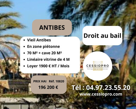 Droit au bail Vieil Antibes, 70M2, emplacement zone pi&eacute;tonne. 196200 06600 Antibes