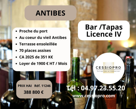 ANTIBES, proche du port et de la vielle ville, Bar-tapas, licence 4, terrasse ensoleill&eacute;e. 388800 06600 Antibes