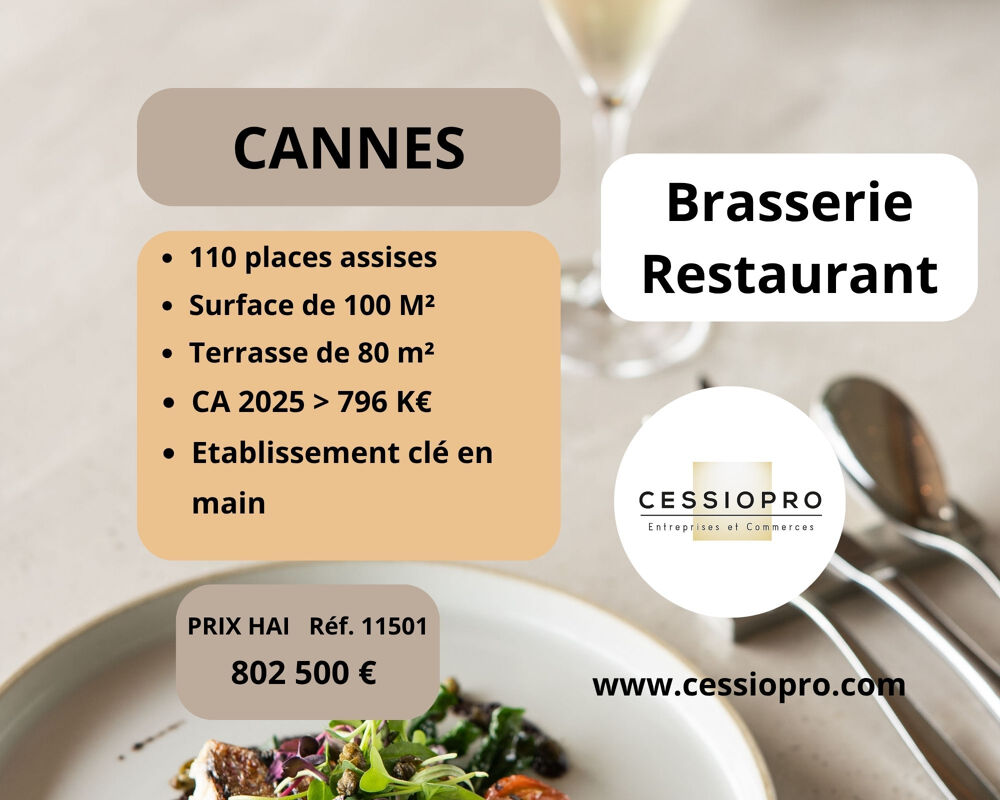   CANNES : BRASSERIE - RESTAURANT - LICENCE IV - TERRASSE 80 PLACES 